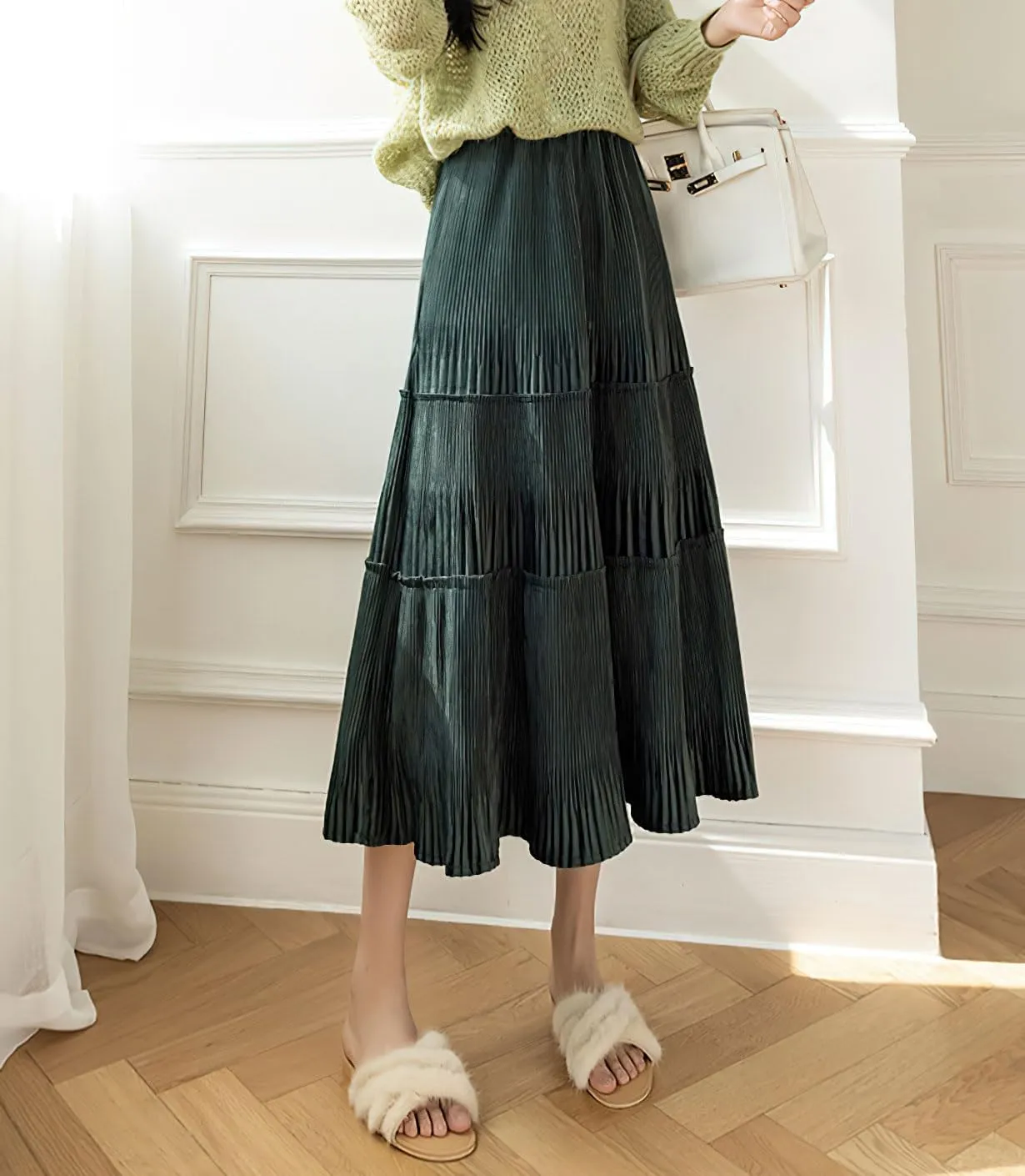 chouyatou Women's Fall Winter Velvet Ruffle Hem Skirt High Elastic Waist Pleated Swing Midi Long Skirt