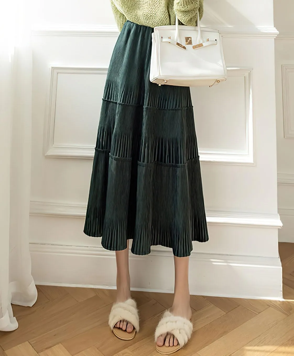 chouyatou Women's Fall Winter Velvet Ruffle Hem Skirt High Elastic Waist Pleated Swing Midi Long Skirt