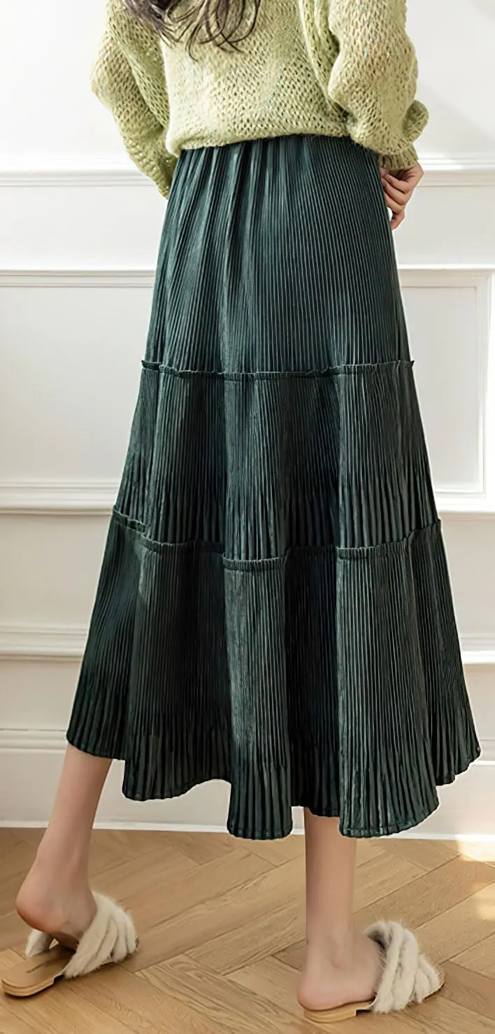 chouyatou Women's Fall Winter Velvet Ruffle Hem Skirt High Elastic Waist Pleated Swing Midi Long Skirt