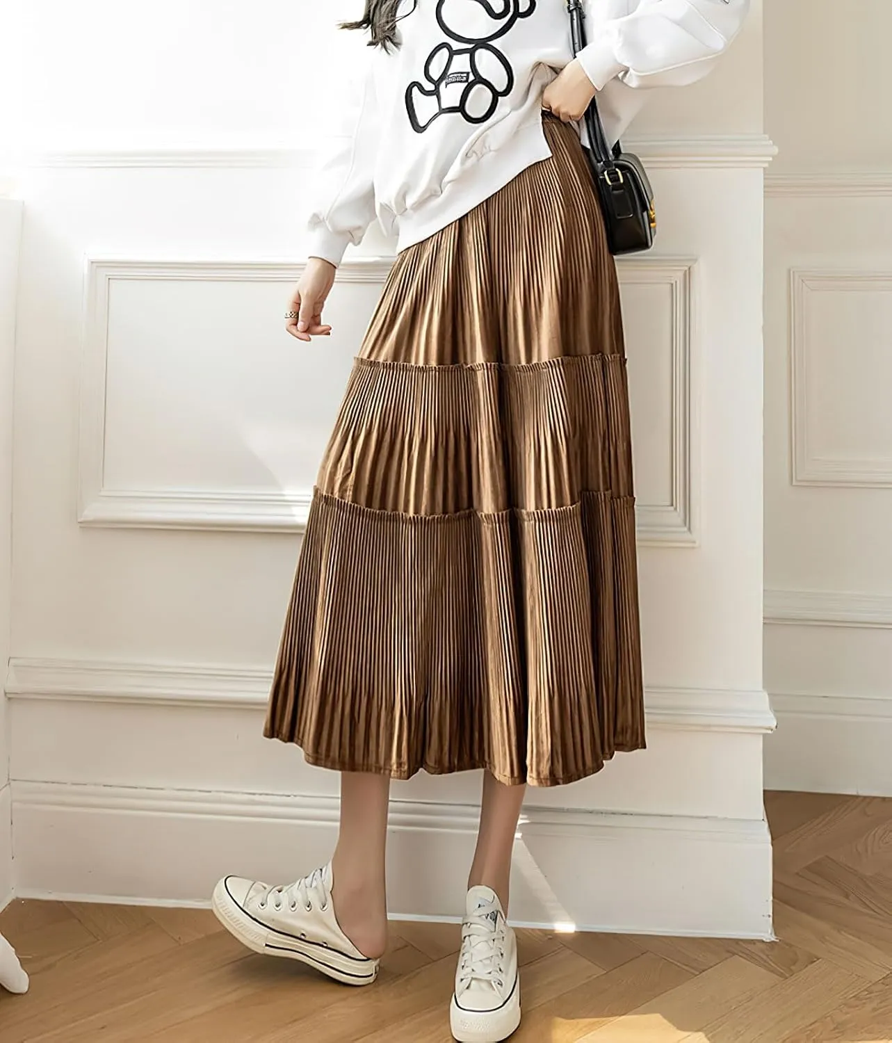 chouyatou Women's Fall Winter Velvet Ruffle Hem Skirt High Elastic Waist Pleated Swing Midi Long Skirt