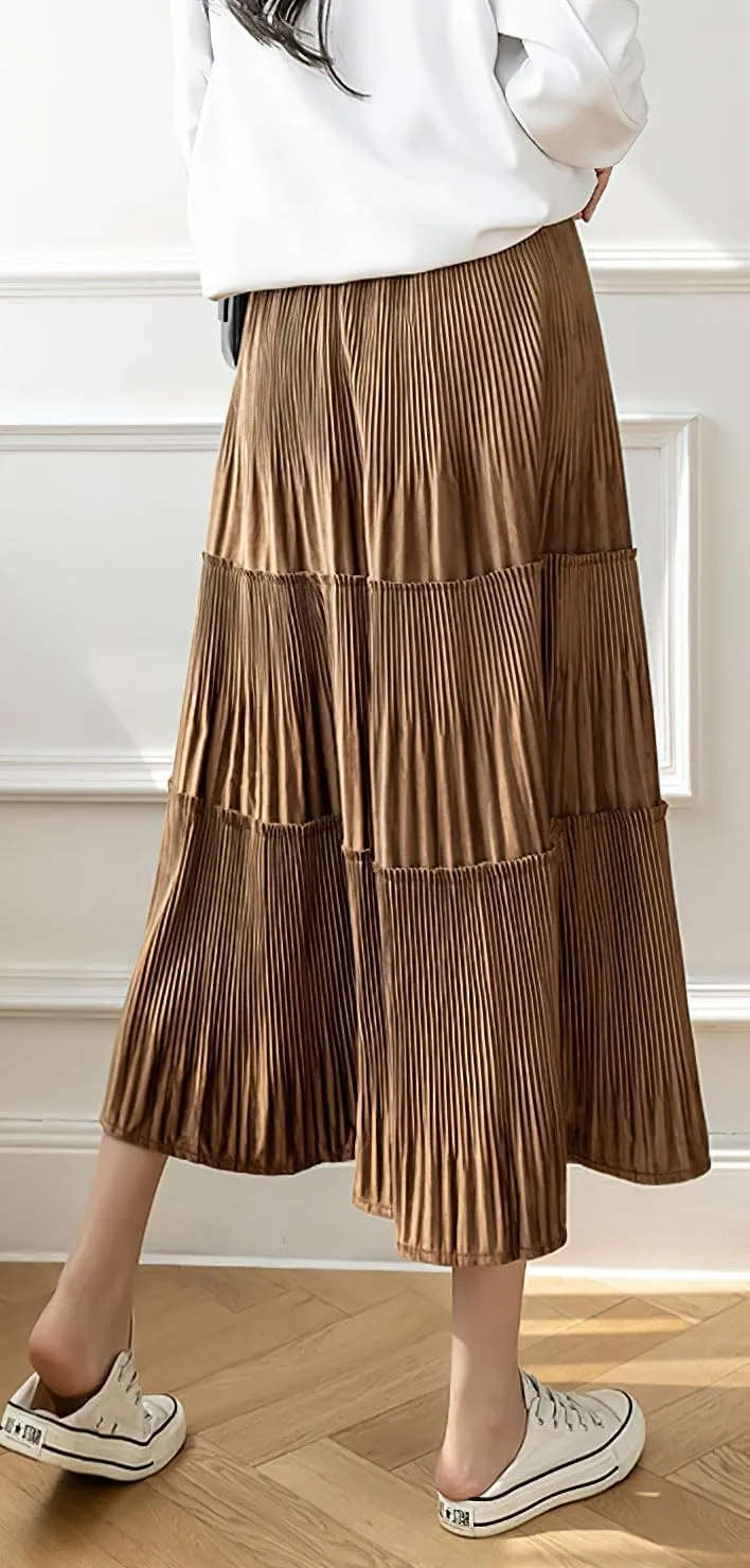 chouyatou Women's Fall Winter Velvet Ruffle Hem Skirt High Elastic Waist Pleated Swing Midi Long Skirt