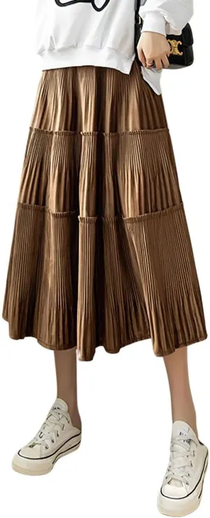 chouyatou Women's Fall Winter Velvet Ruffle Hem Skirt High Elastic Waist Pleated Swing Midi Long Skirt