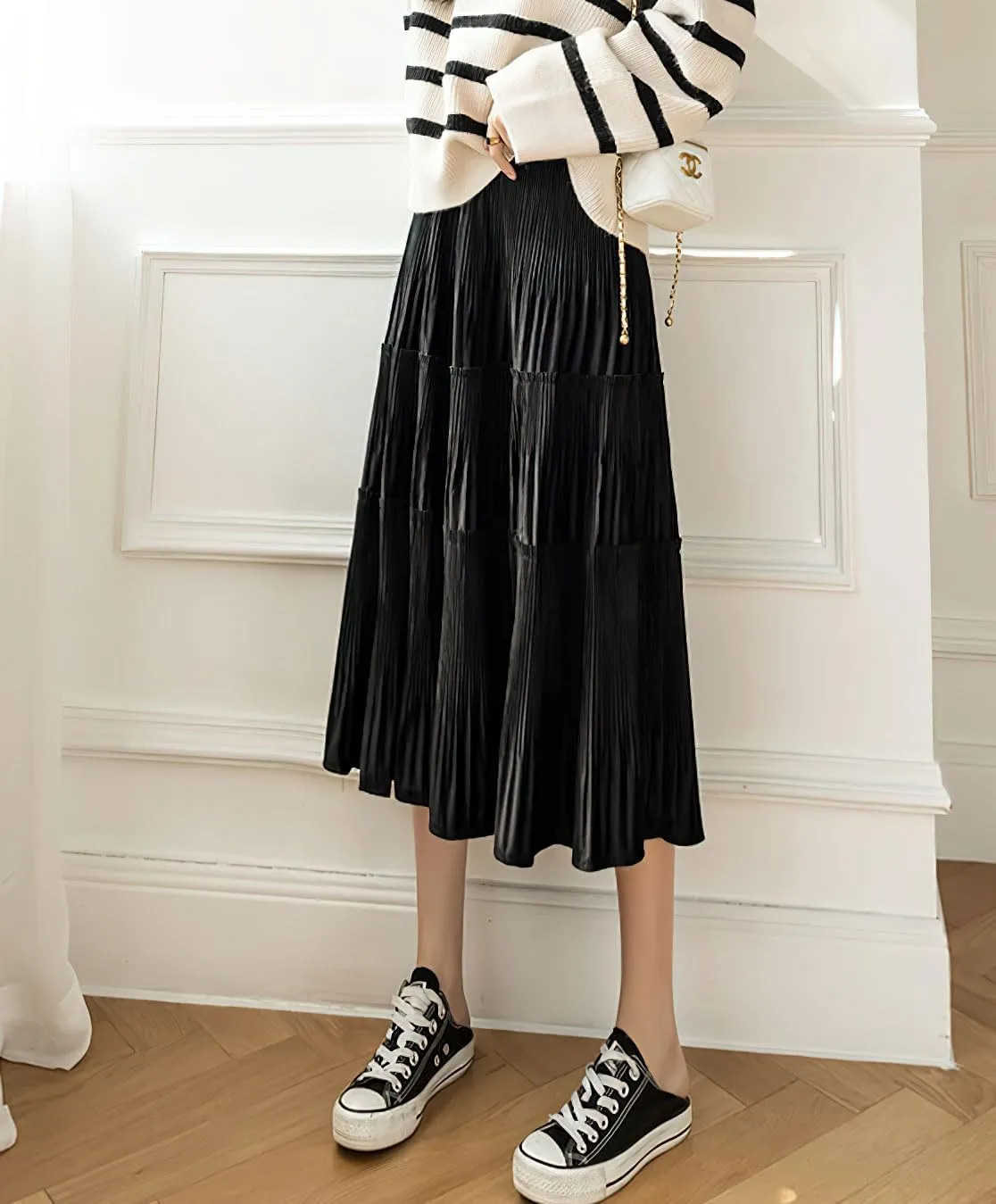 chouyatou Women's Fall Winter Velvet Ruffle Hem Skirt High Elastic Waist Pleated Swing Midi Long Skirt