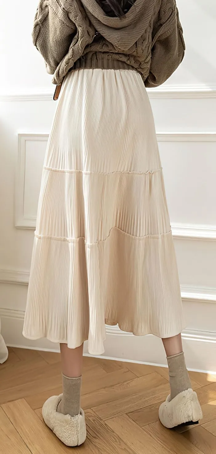 chouyatou Women's Fall Winter Velvet Ruffle Hem Skirt High Elastic Waist Pleated Swing Midi Long Skirt
