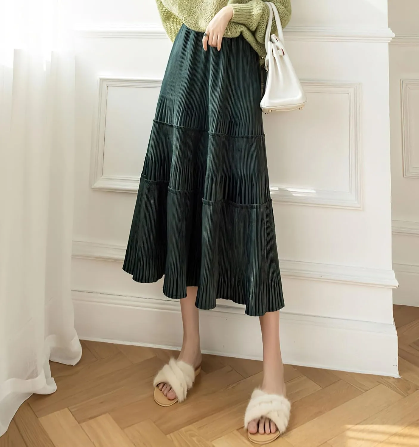 chouyatou Women's Fall Winter Velvet Ruffle Hem Skirt High Elastic Waist Pleated Swing Midi Long Skirt