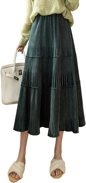 chouyatou Women's Fall Winter Velvet Ruffle Hem Skirt High Elastic Waist Pleated Swing Midi Long Skirt