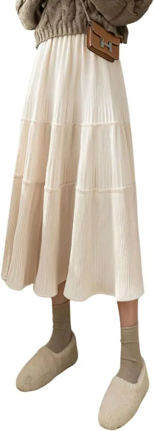 chouyatou Women's Fall Winter Velvet Ruffle Hem Skirt High Elastic Waist Pleated Swing Midi Long Skirt