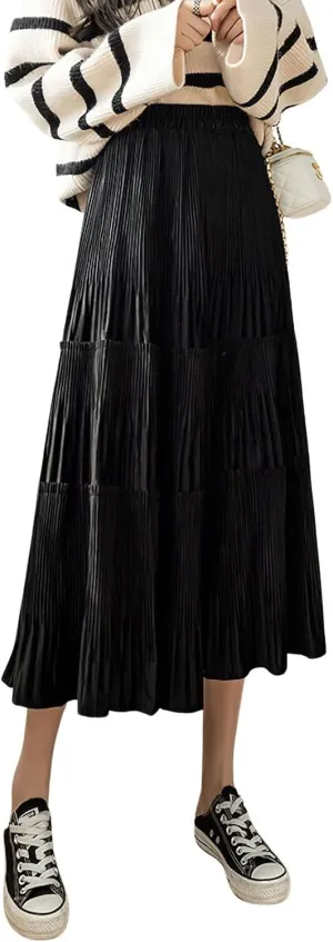 chouyatou Women's Fall Winter Velvet Ruffle Hem Skirt High Elastic Waist Pleated Swing Midi Long Skirt
