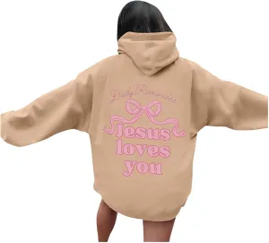 Christian Hoodies for Women Bible Verse Jesus Loves You Graphic Hoodie Long Sleeve Oversized Sweatshirt with Pockets