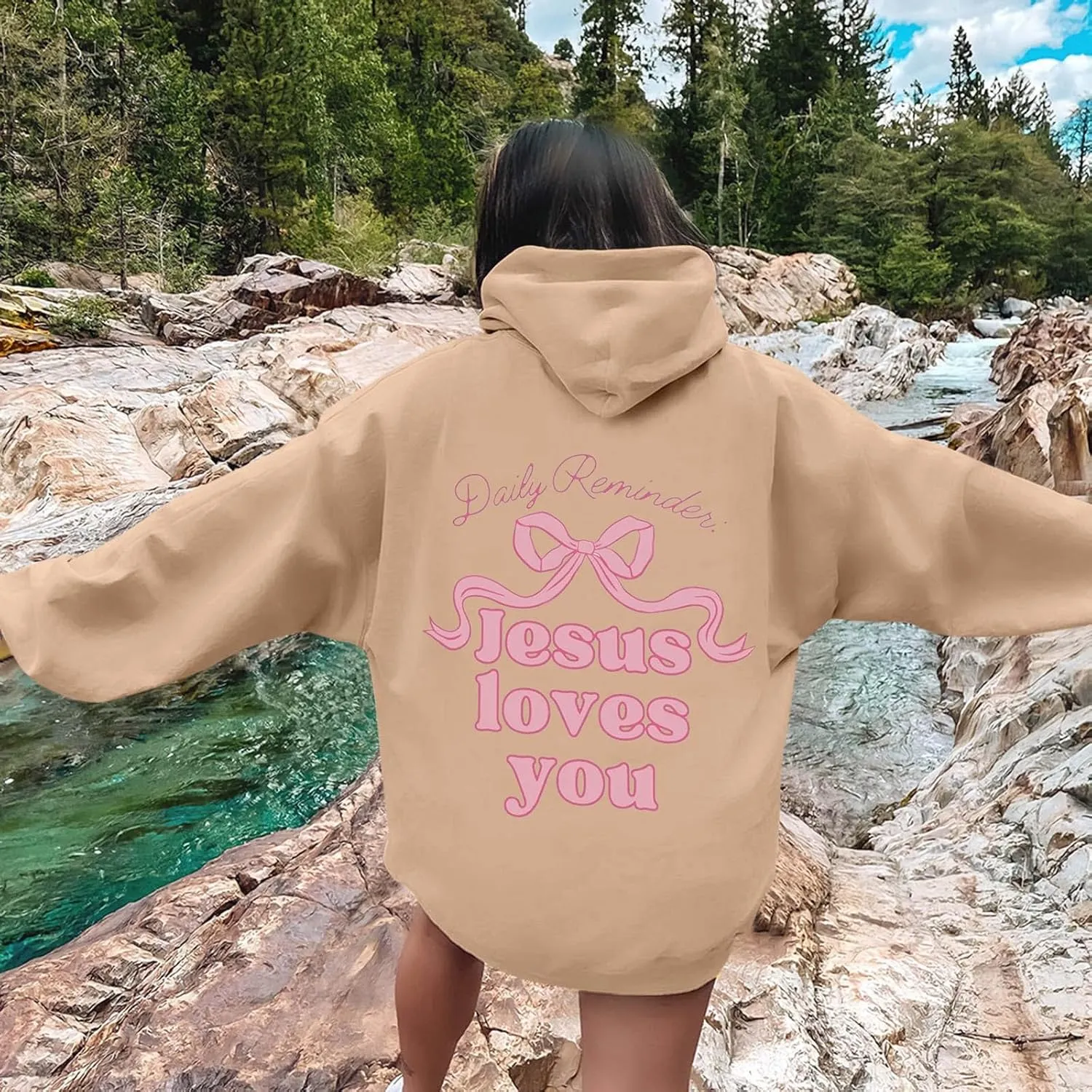 Christian Hoodies for Women Bible Verse Jesus Loves You Graphic Hoodie Long Sleeve Oversized Sweatshirt with Pockets