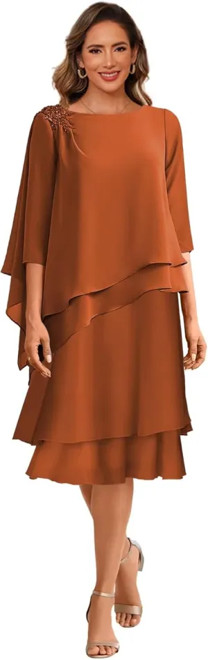 Clothfun Scoop Neck Mother of The Bride Dresses for Wedding 3/4 Sleeves Chiffon Ruffles Formal Evening Dress CY209