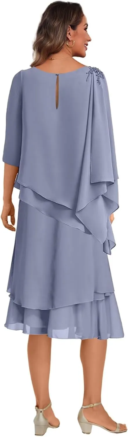 Clothfun Scoop Neck Mother of The Bride Dresses for Wedding 3/4 Sleeves Chiffon Ruffles Formal Evening Dress CY209