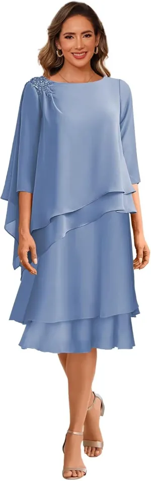Clothfun Scoop Neck Mother of The Bride Dresses for Wedding 3/4 Sleeves Chiffon Ruffles Formal Evening Dress CY209