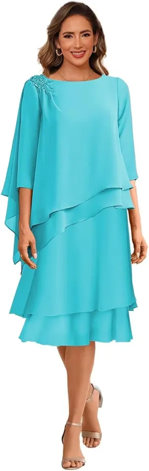 Clothfun Scoop Neck Mother of The Bride Dresses for Wedding 3/4 Sleeves Chiffon Ruffles Formal Evening Dress CY209