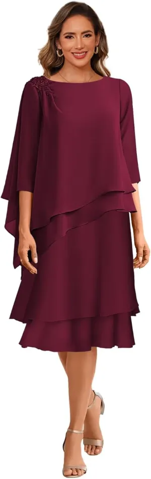 Clothfun Scoop Neck Mother of The Bride Dresses for Wedding 3/4 Sleeves Chiffon Ruffles Formal Evening Dress CY209