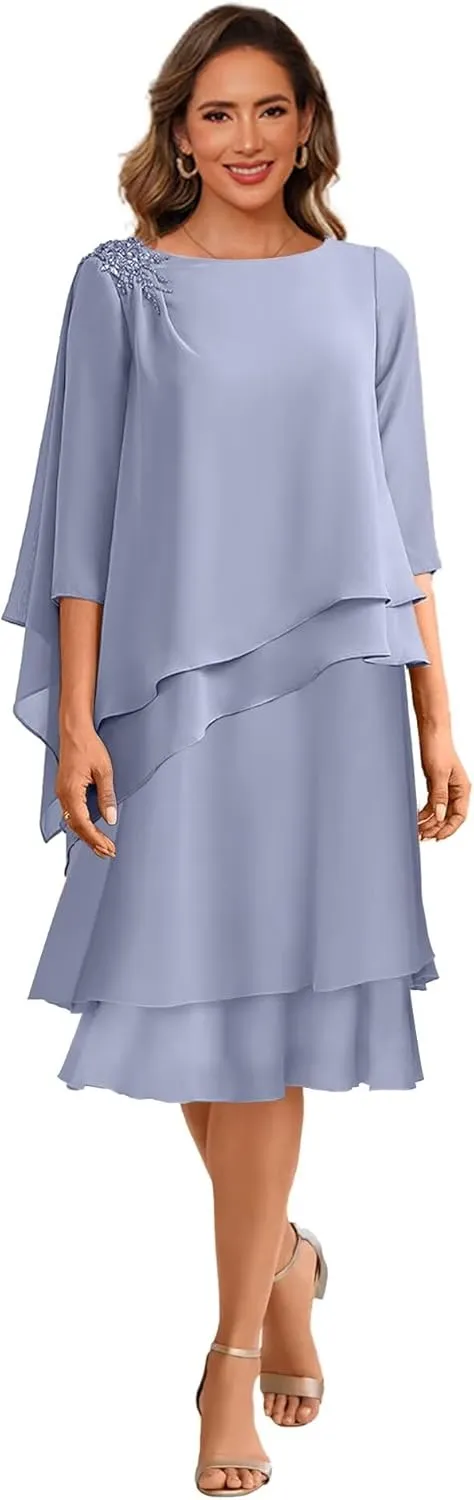 Clothfun Scoop Neck Mother of The Bride Dresses for Wedding 3/4 Sleeves Chiffon Ruffles Formal Evening Dress CY209
