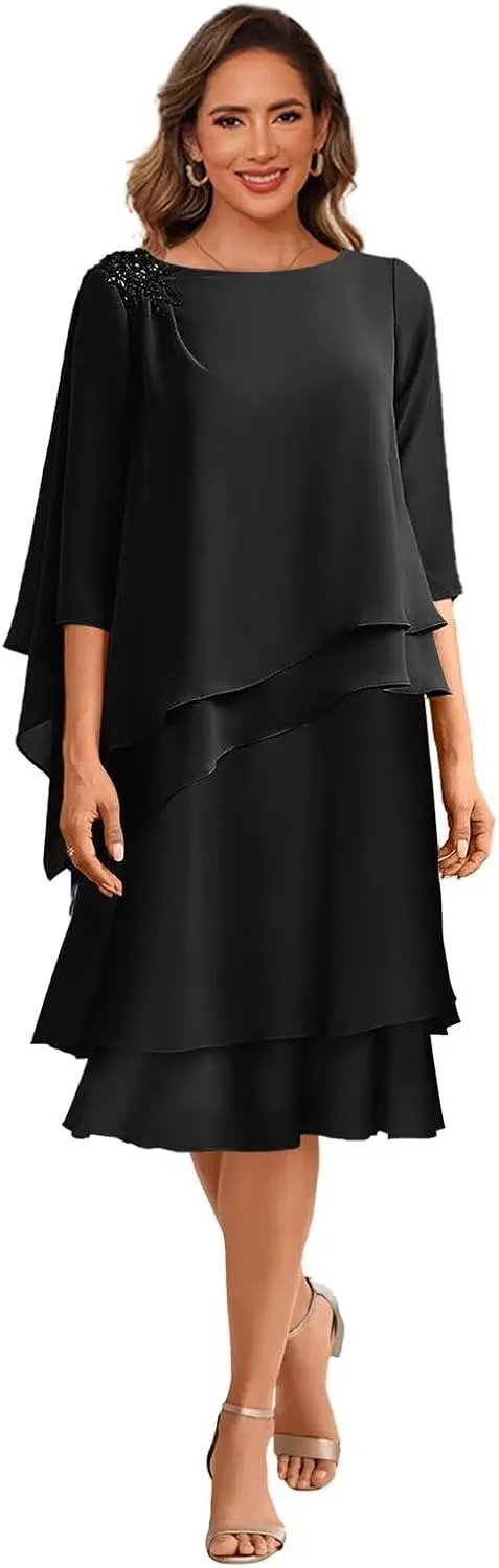 Clothfun Scoop Neck Mother of The Bride Dresses for Wedding 3/4 Sleeves Chiffon Ruffles Formal Evening Dress CY209