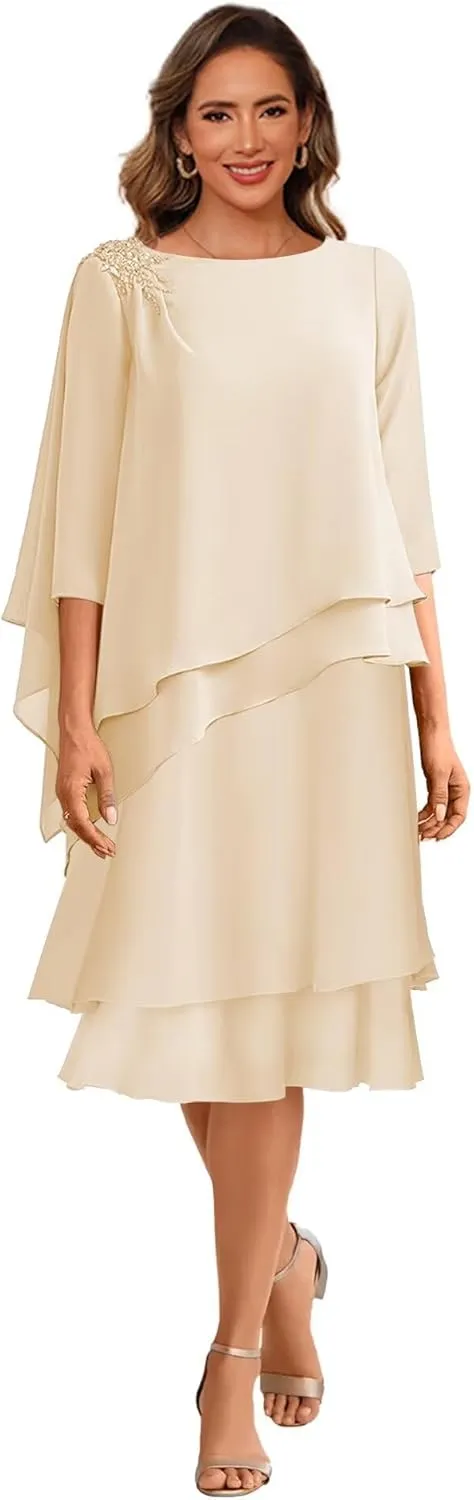 Clothfun Scoop Neck Mother of The Bride Dresses for Wedding 3/4 Sleeves Chiffon Ruffles Formal Evening Dress CY209