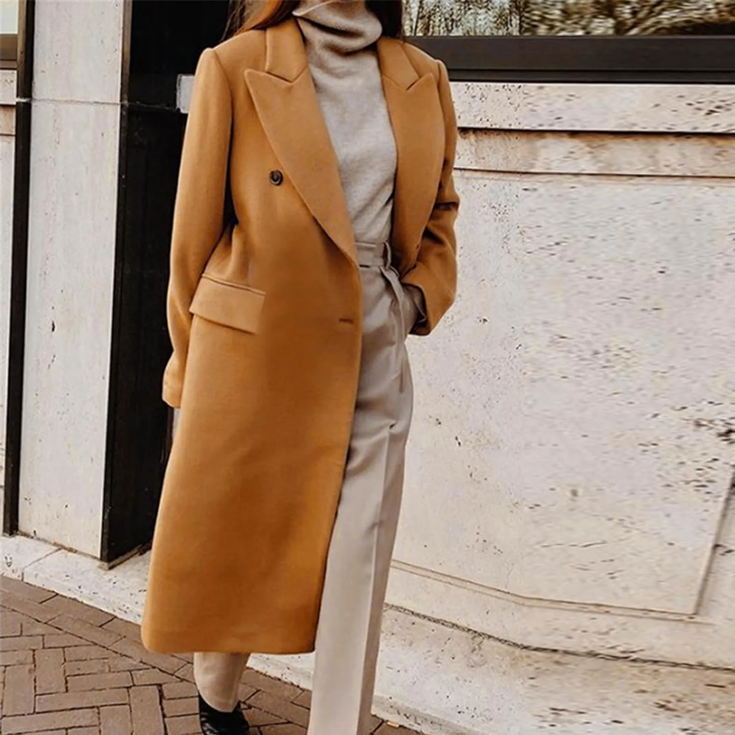 Coats for Women Elegant Notched Lapel Collar Double Breasted Long Blazers Plus Size Temperament Business Trench Coat