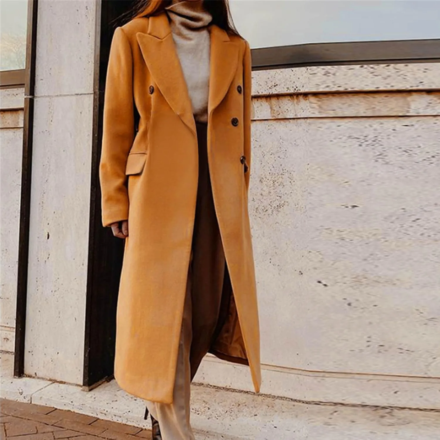 Coats for Women Elegant Notched Lapel Collar Double Breasted Long Blazers Plus Size Temperament Business Trench Coat