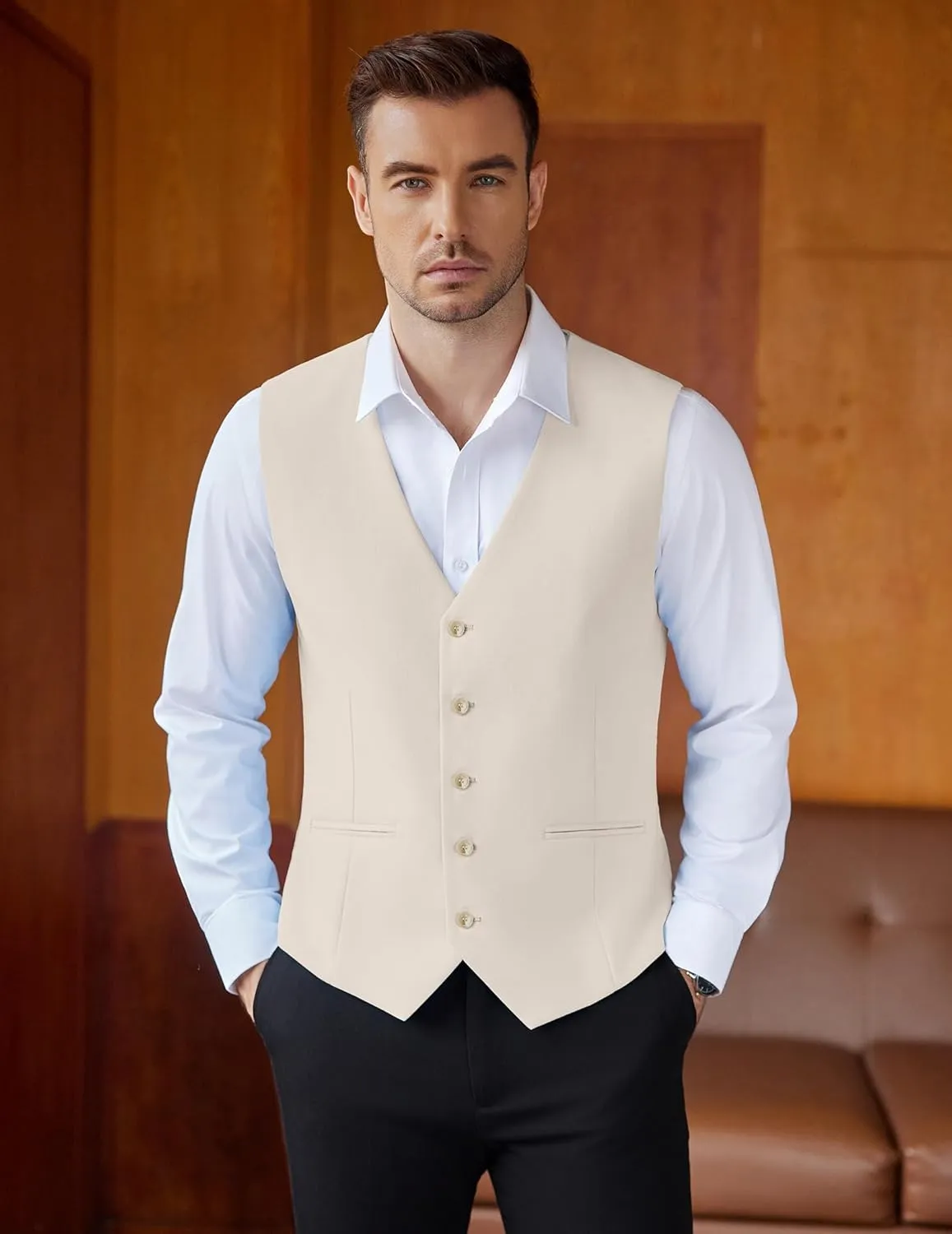 COOFANDY Men's Linen Vest Casual Linen Slim Fit Suit Vests Dress Waistcoat Wedding Business Prom