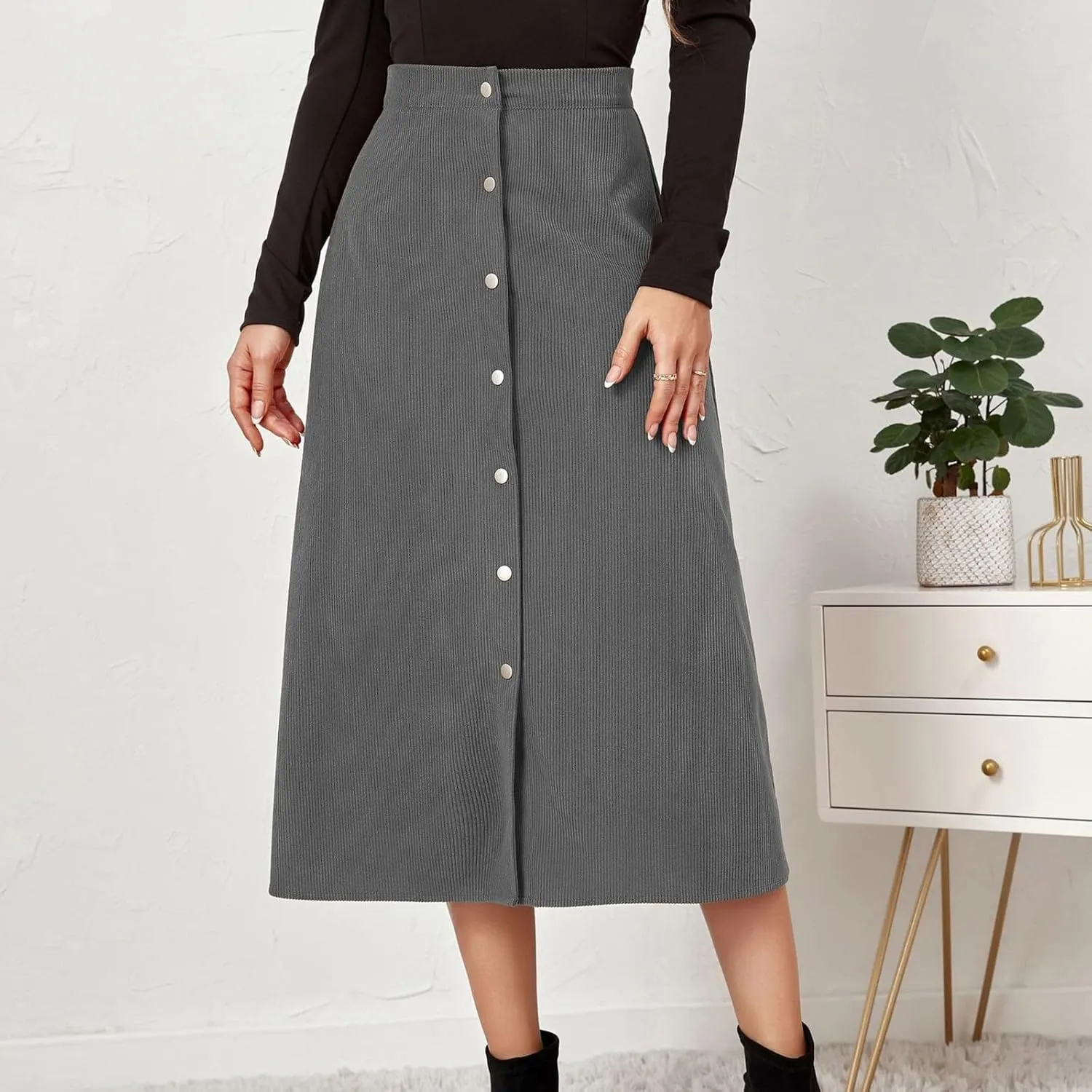 Corduroy Skirt Women High Waisted Suede Skirts Button Down A Line Midi Skirt Fall Winter Business Casual Long Skirts