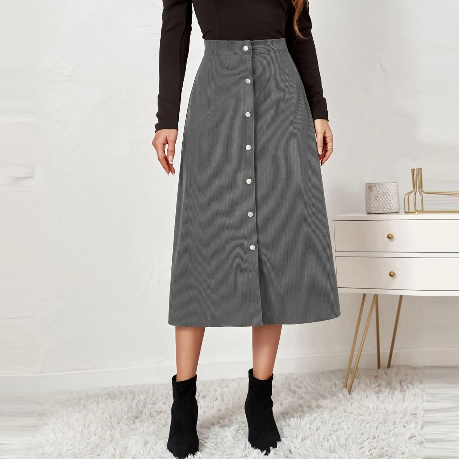 Corduroy Skirt Women High Waisted Suede Skirts Button Down A Line Midi Skirt Fall Winter Business Casual Long Skirts