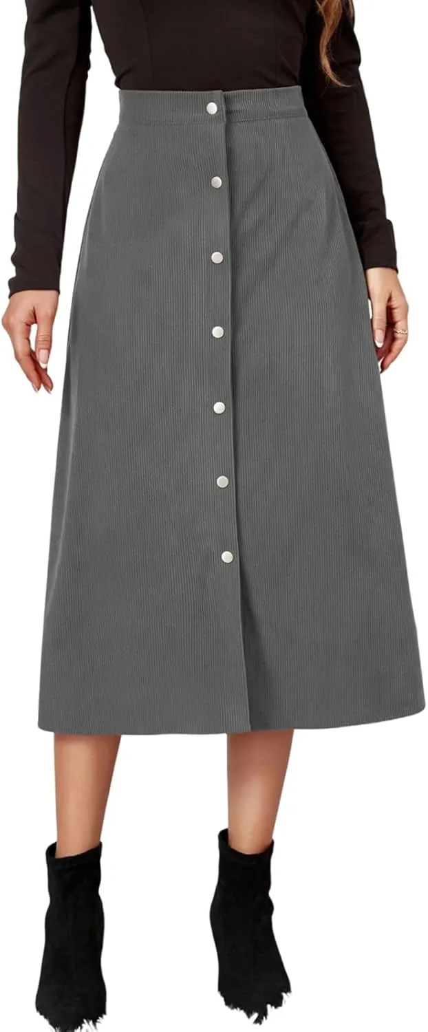 Corduroy Skirt Women High Waisted Suede Skirts Button Down A Line Midi Skirt Fall Winter Business Casual Long Skirts