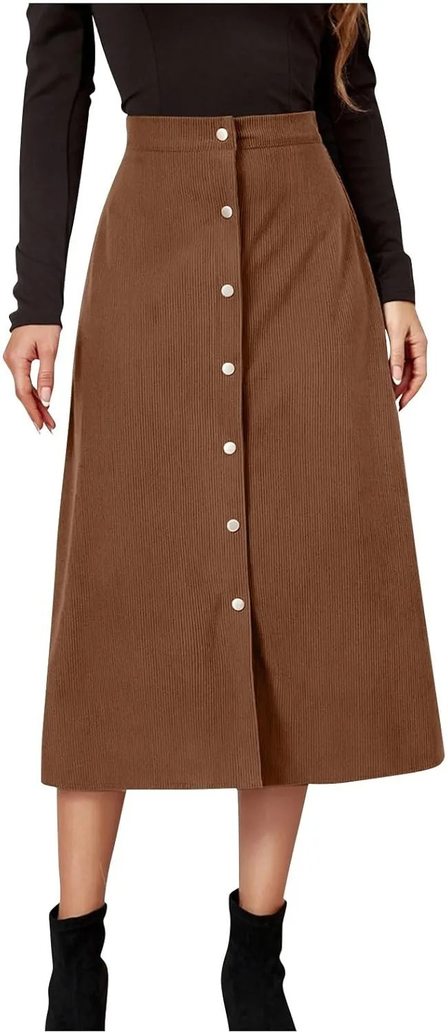 Corduroy Skirt Women High Waisted Suede Skirts Button Down A Line Midi Skirt Fall Winter Business Casual Long Skirts