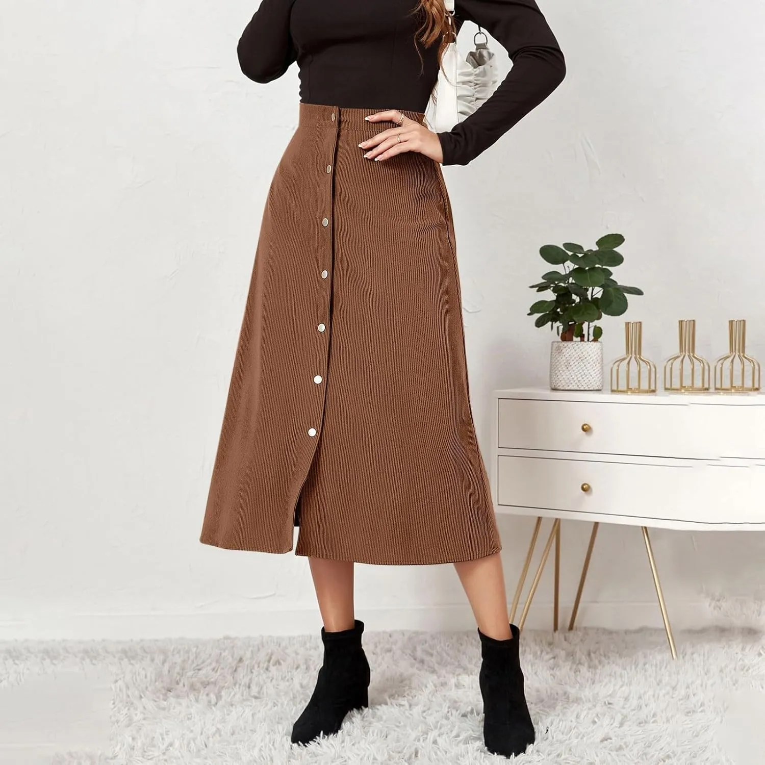 Corduroy Skirt Women High Waisted Suede Skirts Button Down A Line Midi Skirt Fall Winter Business Casual Long Skirts