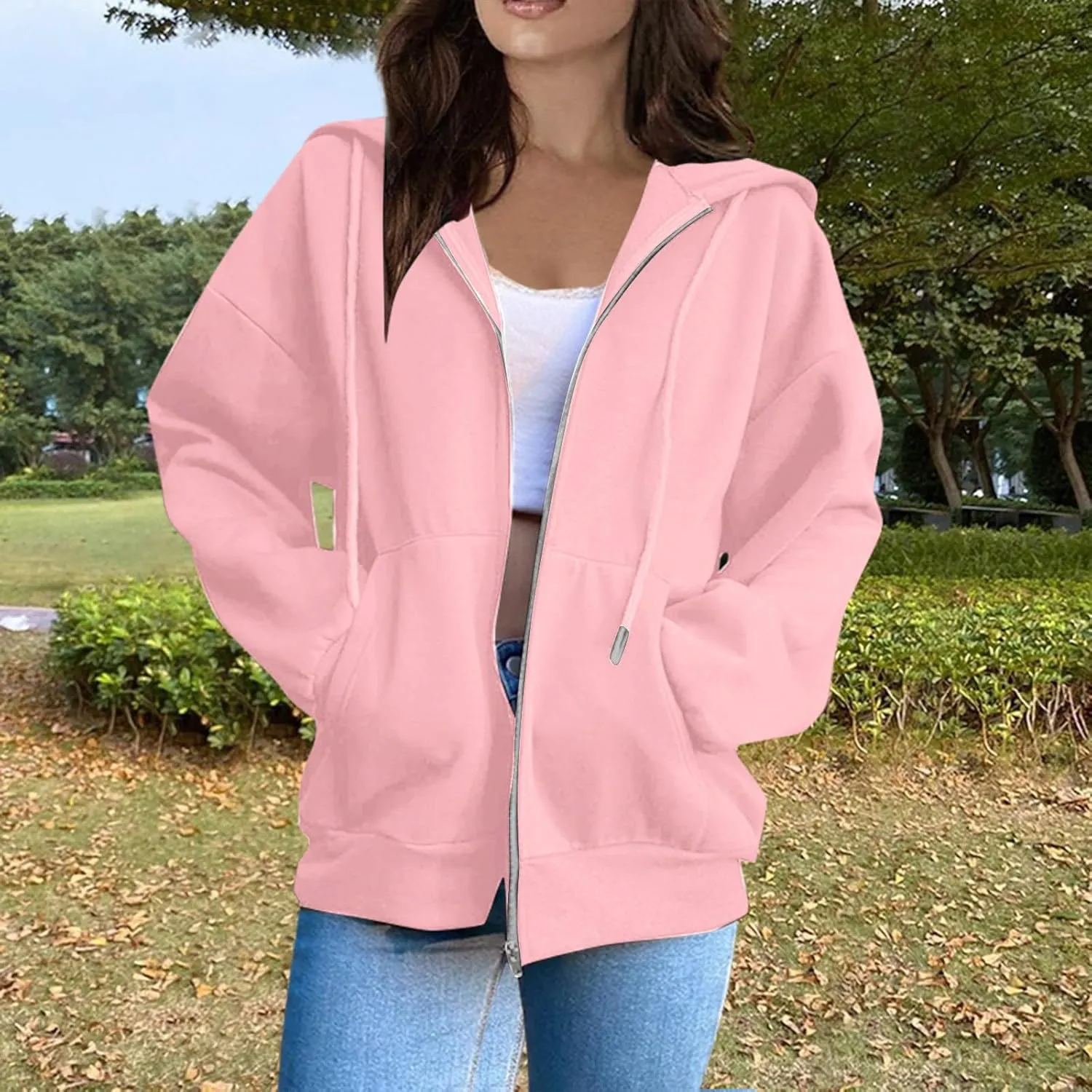COTECRAM Women Zip Up Y2K Hoodie Fall Oversized Sweatshirts Casual Long Sleeve Drawstring Hooded Jacket 2024 Clothes