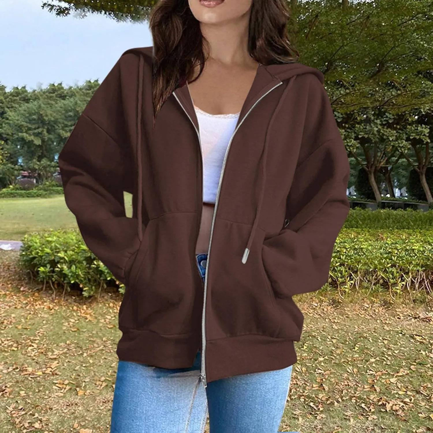 COTECRAM Women Zip Up Y2K Hoodie Fall Oversized Sweatshirts Casual Long Sleeve Drawstring Hooded Jacket 2024 Clothes
