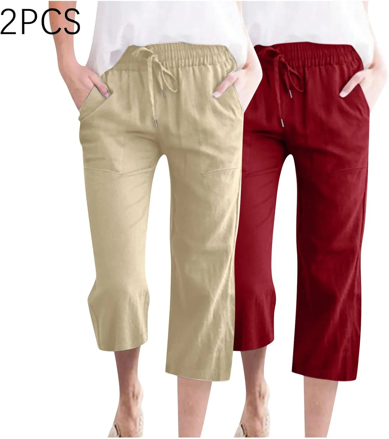 Cotton Linen Capris for Women Drawstring Elastic High Waist Cropped Pants Casual Loose Trouser 2 Pack