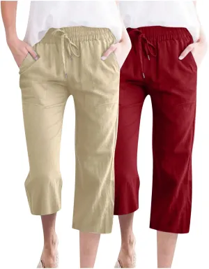 Cotton Linen Capris for Women Drawstring Elastic High Waist Cropped Pants Casual Loose Trouser 2 Pack