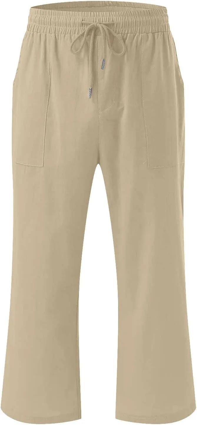 Cotton Linen Capris for Women Drawstring Elastic High Waist Cropped Pants Casual Loose Trouser 2 Pack
