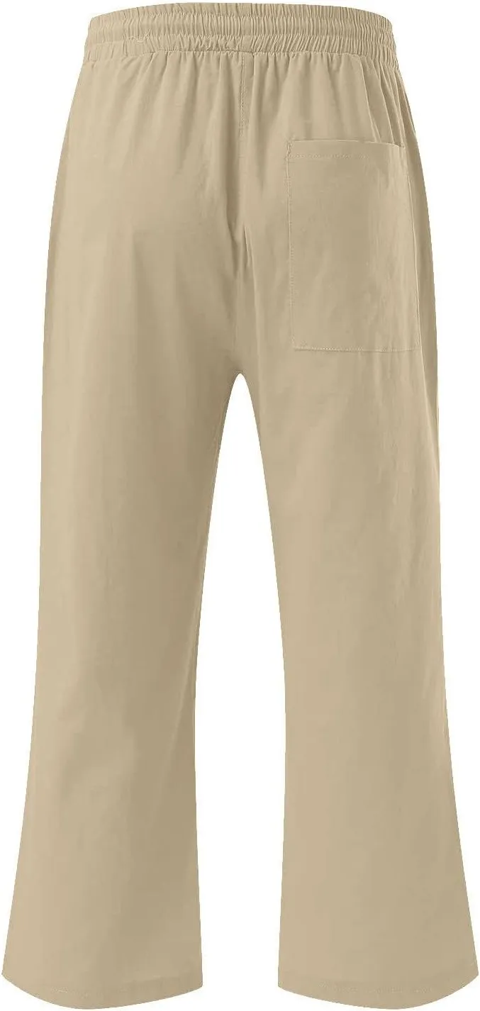 Cotton Linen Capris for Women Drawstring Elastic High Waist Cropped Pants Casual Loose Trouser 2 Pack