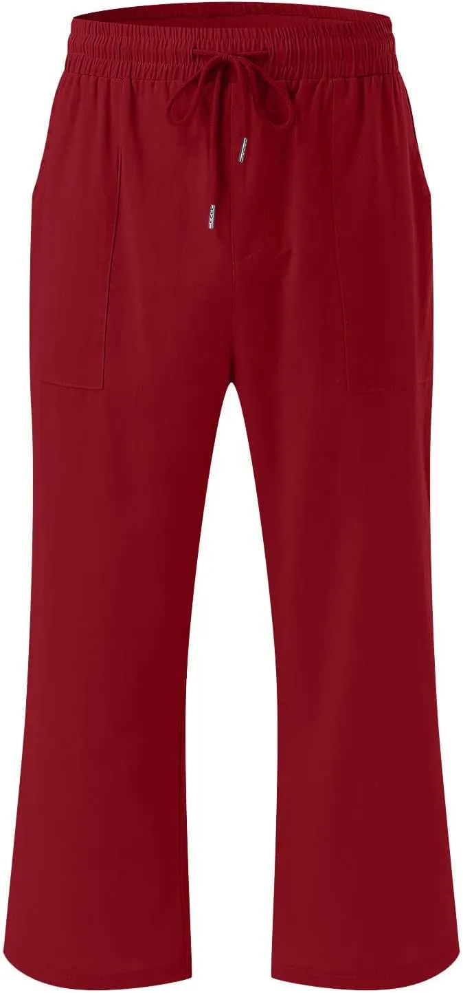 Cotton Linen Capris for Women Drawstring Elastic High Waist Cropped Pants Casual Loose Trouser 2 Pack