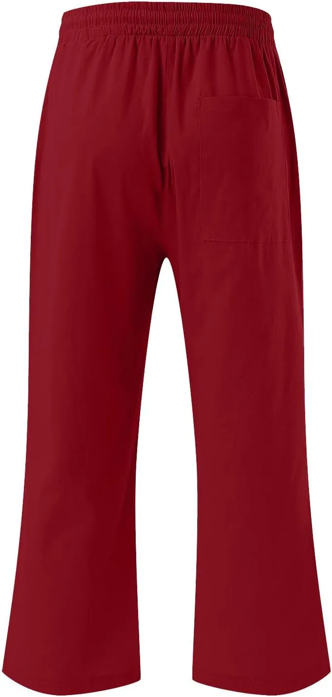 Cotton Linen Capris for Women Drawstring Elastic High Waist Cropped Pants Casual Loose Trouser 2 Pack
