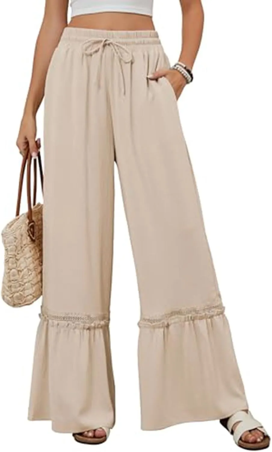 Cotton Linen Pants for Women Wide Leg Eyelet Lounge Trousers Drawstring Elastic Waist Summer Beach Pants with Pocket