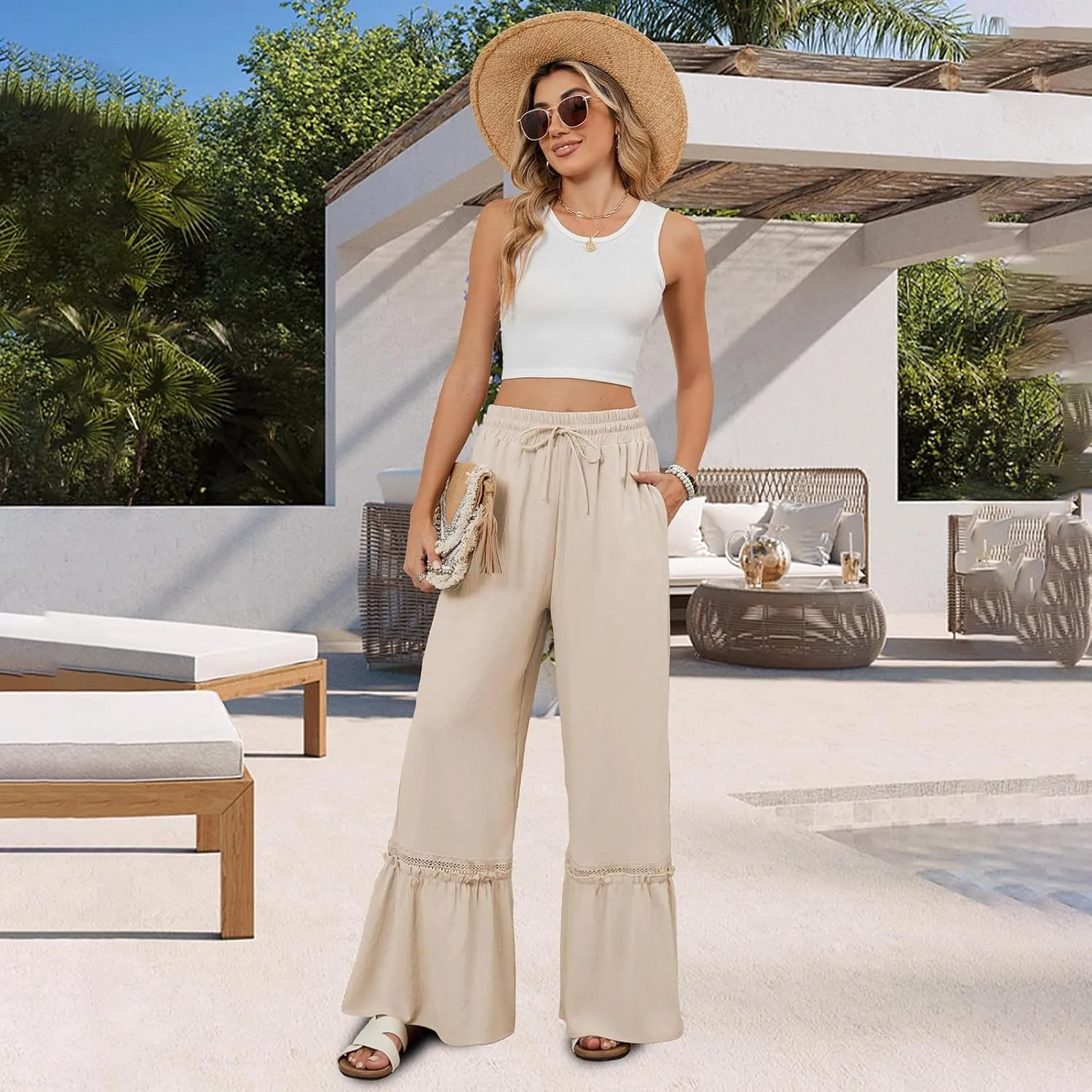 Cotton Linen Pants for Women Wide Leg Eyelet Lounge Trousers Drawstring Elastic Waist Summer Beach Pants with Pocket