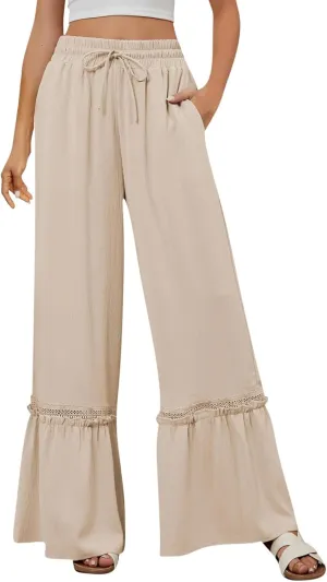 Cotton Linen Pants for Women Wide Leg Eyelet Lounge Trousers Drawstring Elastic Waist Summer Beach Pants with Pocket