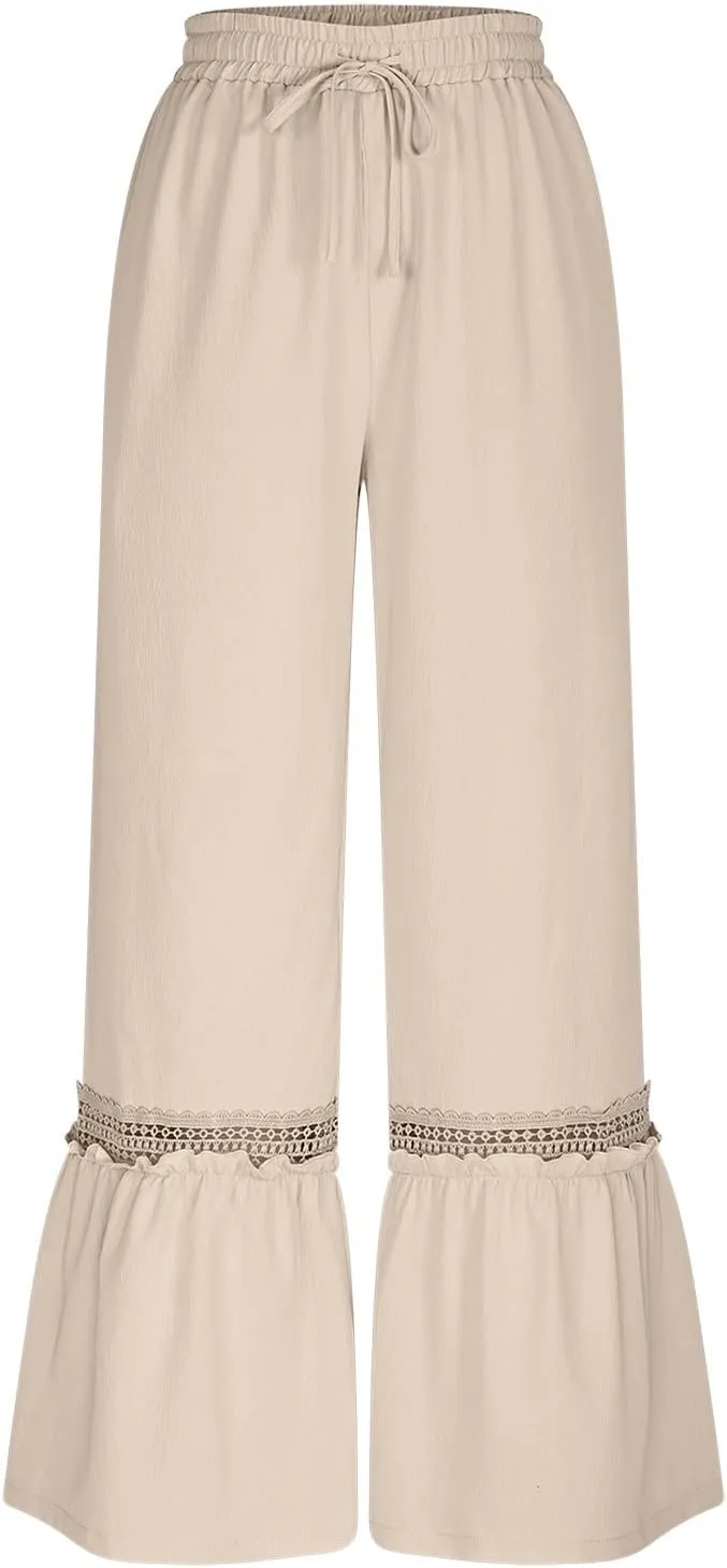 Cotton Linen Pants for Women Wide Leg Eyelet Lounge Trousers Drawstring Elastic Waist Summer Beach Pants with Pocket