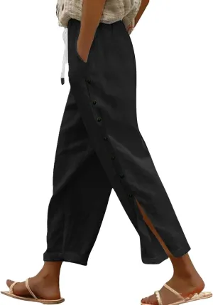 Cotton Linen Pants Women Straight Leg Pant Elastic Drawstring Casual Lounge Trousers with Pockets Summer Beach Capris