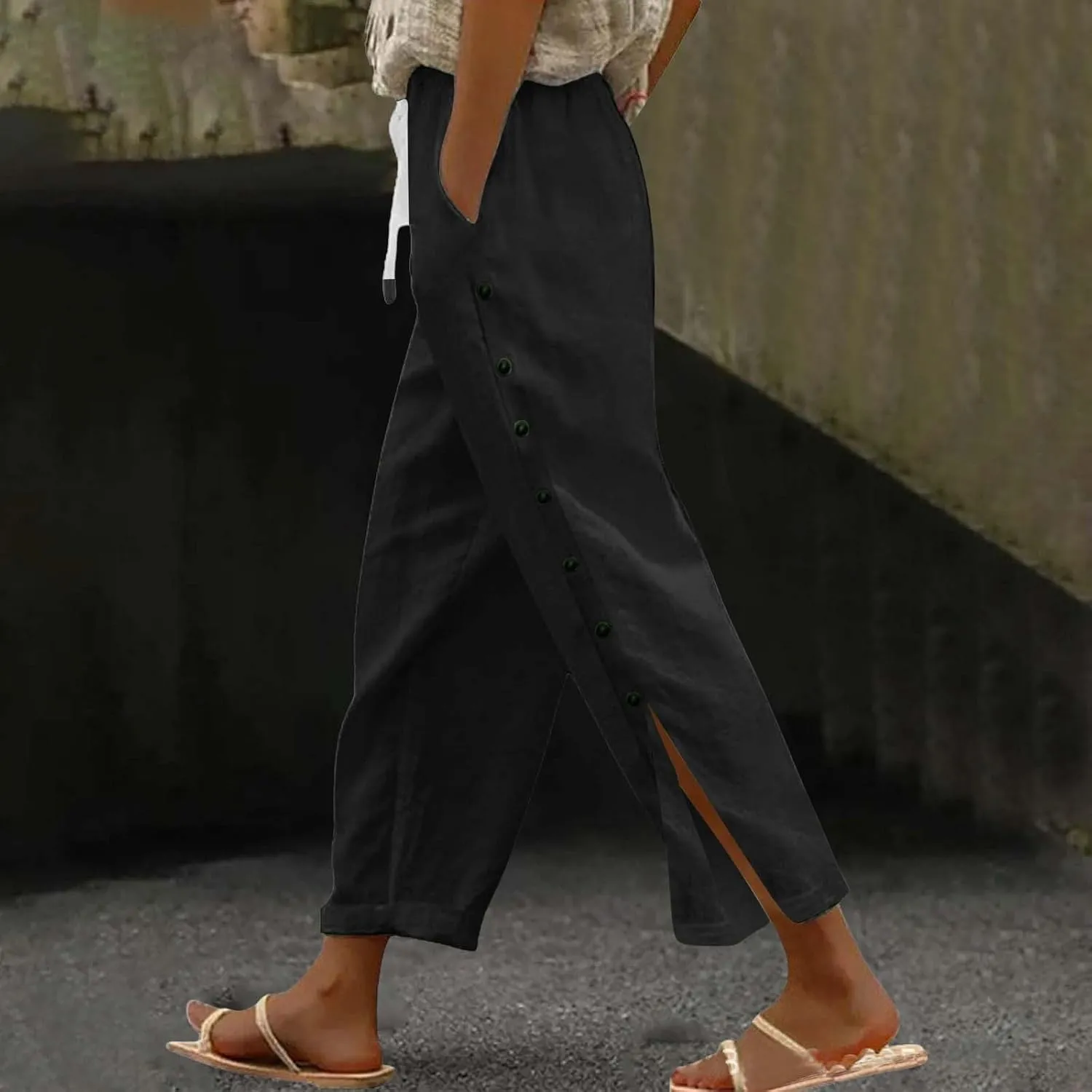 Cotton Linen Pants Women Straight Leg Pant Elastic Drawstring Casual Lounge Trousers with Pockets Summer Beach Capris