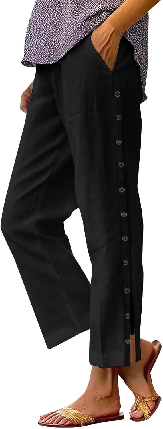 Cotton Linen Pants Women Straight Leg Pant Elastic Drawstring Casual Lounge Trousers with Pockets Summer Beach Capris