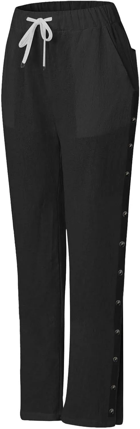 Cotton Linen Pants Women Straight Leg Pant Elastic Drawstring Casual Lounge Trousers with Pockets Summer Beach Capris