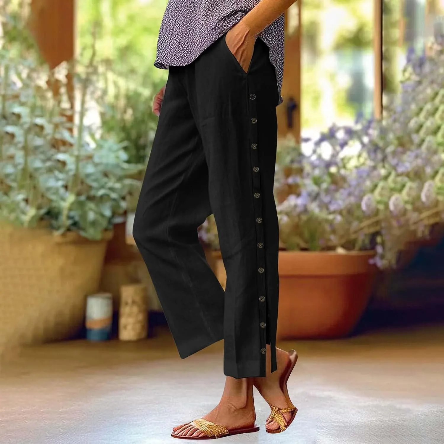 Cotton Linen Pants Women Straight Leg Pant Elastic Drawstring Casual Lounge Trousers with Pockets Summer Beach Capris