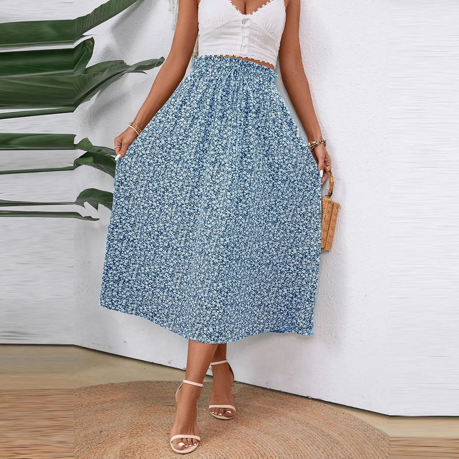 Cotton Linen Skirts for Women Midi Length Summer Drawstring Elastic Waist Smocked A-Line Skirt Knee Length with Pocket