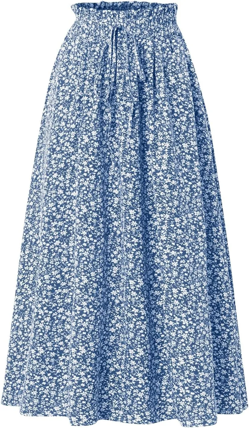 Cotton Linen Skirts for Women Midi Length Summer Drawstring Elastic Waist Smocked A-Line Skirt Knee Length with Pocket