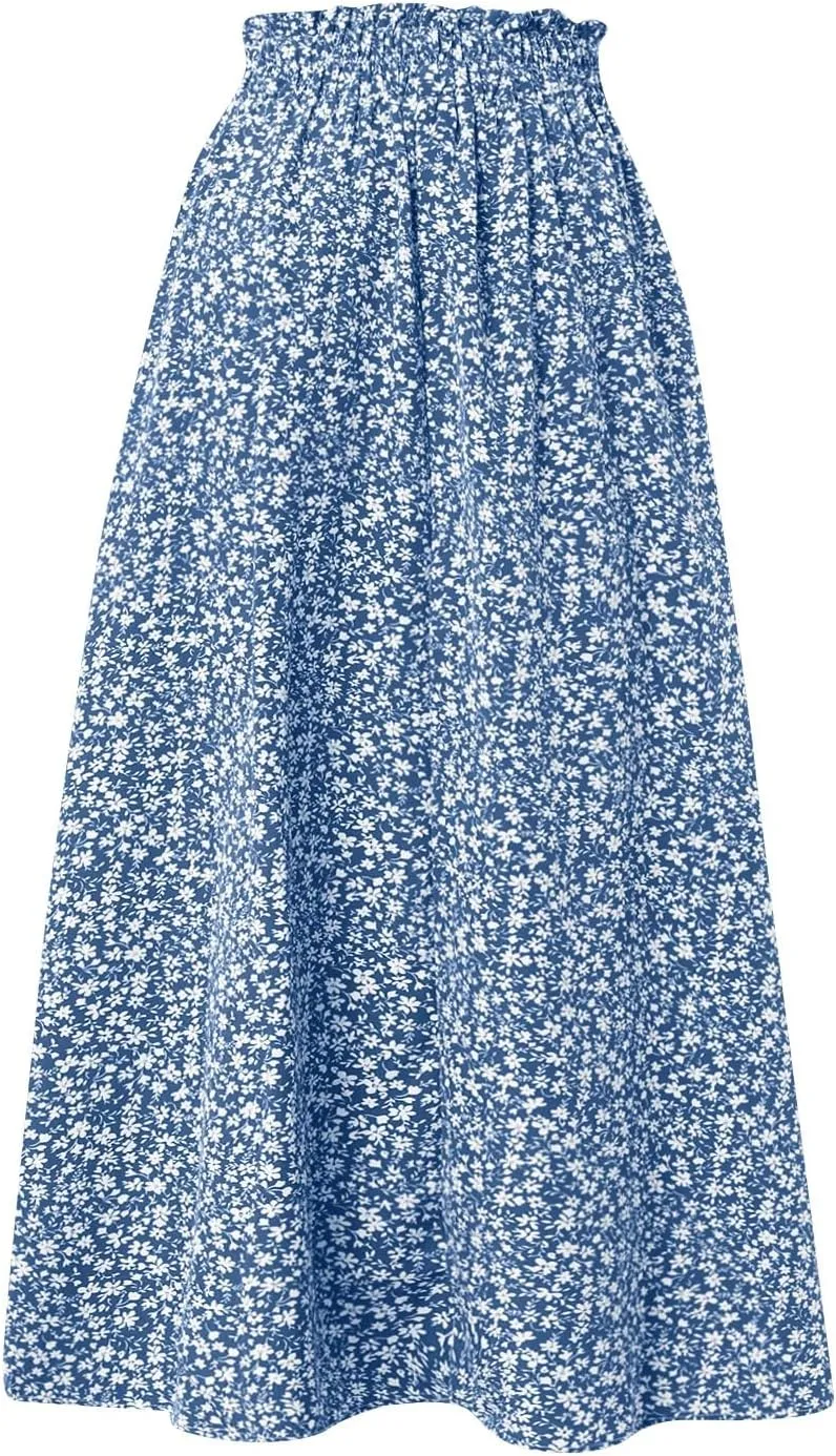 Cotton Linen Skirts for Women Midi Length Summer Drawstring Elastic Waist Smocked A-Line Skirt Knee Length with Pocket